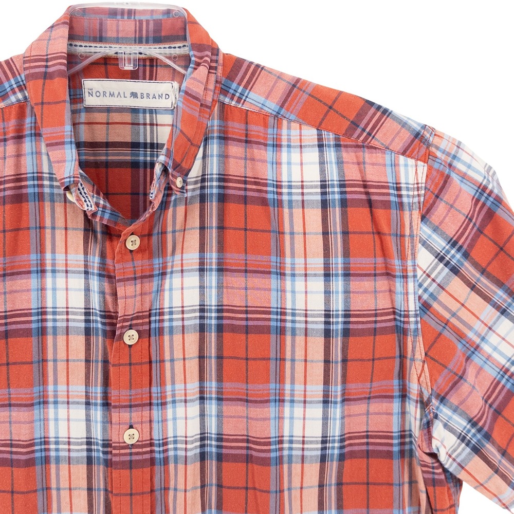 The Normal Brand Mens XXL Button Down Shirt‎ Red White & Blue Plaid Stretch Gorp